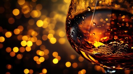 Aufkleber - Close up of a glass filled with sparkling drink against a blurred golden bokeh background. Generative AI