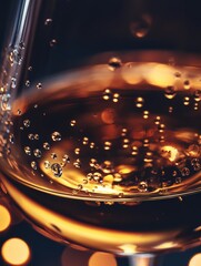 Poster - Bubbles rise in a glass of sparkling drink reflecting warm light during an evening gathering. Generative AI