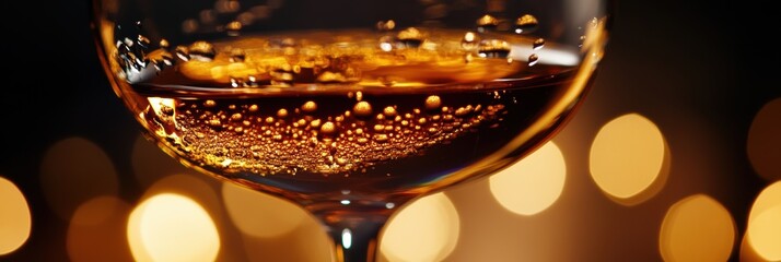 Poster - Sparkling drink in glass with bubbles reflecting warm light at a festive celebration. Generative AI