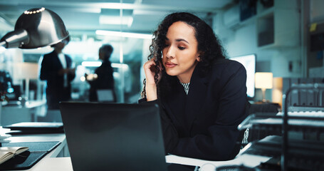 Poster - Night, reading research or woman on laptop for finance management, business and budget review. Accountant, technology and profit report in office for audit deadline, tax compliance and accounting