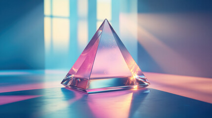 Canvas Print - A colorful glass pyramid prism reflecting light in an artistic setting, creating vibrant hues and shadows.