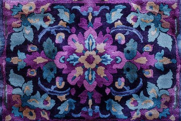 Poster - Close-up of a purple rug displaying an intricate floral pattern with shades of blue and beige, highlighting traditional craftsmanship