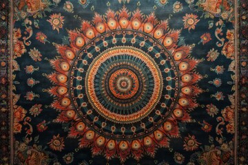 Wall Mural - Close-up view of a beautiful persian carpet with a large central mandala and warm, vibrant colors