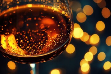 Poster - Sparkling drink in a glass surrounded by soft glowing lights at a festive gathering during the evening. Generative AI