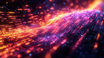 3D rendering of a vibrant digital binary code matrix, symbolizing the connectivity, complexity, and data flood of the modern digital era. The blurred colorful design evokes digital chaos and innovatio