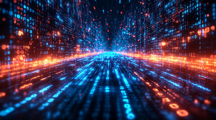 3D rendering of a vibrant digital binary code matrix, symbolizing the connectivity, complexity, and data flood of the modern digital era. The blurred colorful design evokes digital chaos and innovatio