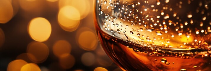 Aufkleber - Evening celebration with sparkling drink in a glass surrounded by soft golden lights. Generative AI