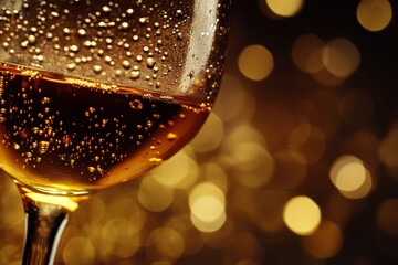 Aufkleber - Sparkling golden drink in a glass with bubbles and blurred background highlights evening celebration atmosphere. Generative AI