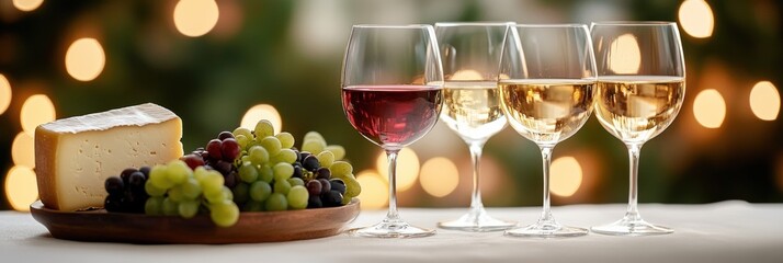 Poster - Elegant table setting with wine glasses, cheese platter, and grapes for a festive gathering in an outdoor setting. Generative AI