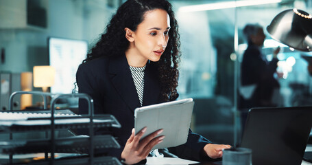 Poster - Night, reading laptop or woman with tablet for finance management, business and budget review. Accountant, technology and profit report in office for audit deadline, tax compliance or accounting info