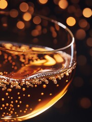 Aufkleber - Bubbly drink in a glass surrounded by warm golden bokeh lights at a festive gathering. Generative AI