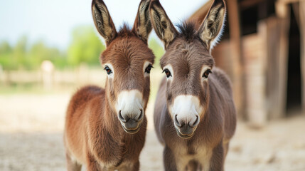 Wall Mural - Donkey foals nuzzling near weathered wooden barn, sharing gentle companionship on rural farmland with soft pastoral backdrop