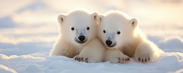 Wall Mural - polar bear siblings snuggling close, resting on arctic ice, soft sunlight warming fragile white fur 