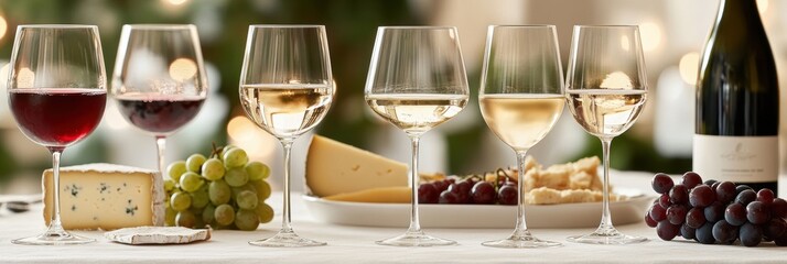 Poster - Gathering around a beautifully set table with wine glasses, cheese, and grapes for a delightful culinary experience. Generative AI