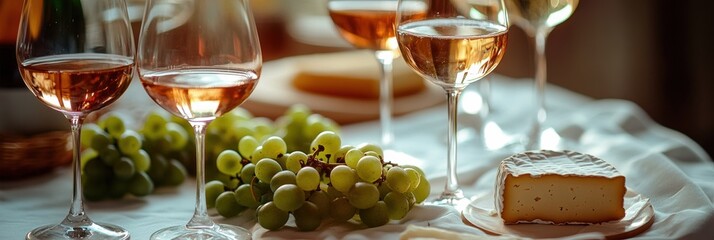 Poster - Elegant table setting with wine glasses, cheese platter, and grapes for a perfect gathering. Generative AI