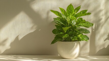 Wall Mural - Lush green plant in a white pot, sunlight casts shadows on a wall.