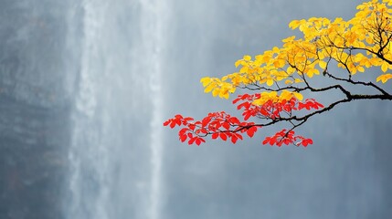 Wall Mural - tree branch with red & yellow leaves in front of a waterfall
