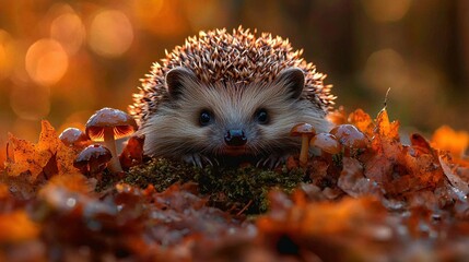 Wall Mural -   Hedgehog perched atop leaf pile, beside mushroom mound on ground