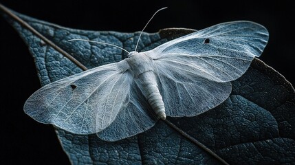 Poster -   A close-up white butterfly on a leaf against a black background