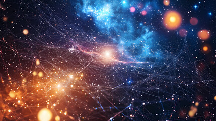 Wall Mural - A view of deep space with a network of glowing stars and distant galaxies, highlighting the intricate web of cosmic structures and celestial objects. Quasar. Illustration