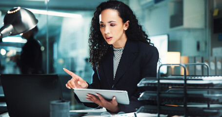 Poster - Night, accounting research or woman on tablet for finance management, business and budget review. Accountant, technology and profit report in office for audit deadline, tax compliance or reading info