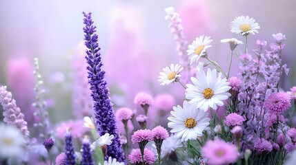 Wall Mural - Vibrant wildflowers in a soft, pastel-toned field.