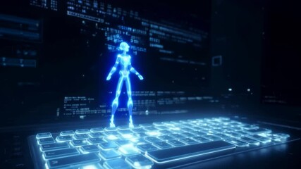 Digital figure dances on glowing keyboard amid streams of code in futuristic setting