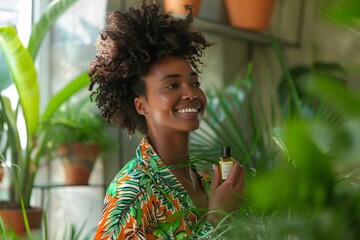 A joyful woman stands in a vibrant indoor garden filled with lush plants. She holds a beauty product while wearing a colorful shirt, showcasing her radiant smile and connection with nature