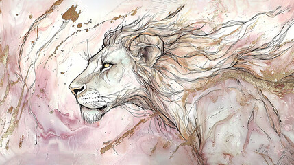 Wall Mural -  A painting depicts a lion's head on a golden-white background with pink accents and brush strokes