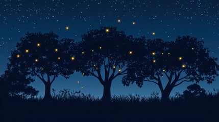 Poster - Silhouetted trees at night with fireflies.