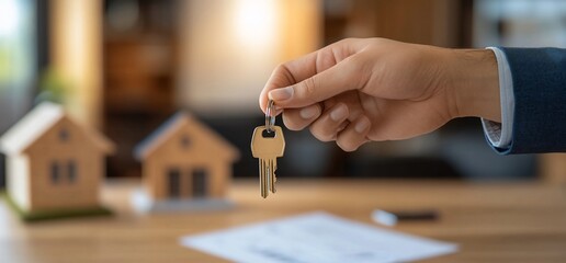 A hand holding house keys with model houses and paperwork in the background.