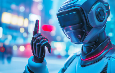 Poster - A futuristic robot points in an illuminated urban environment du