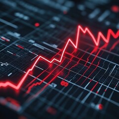 Poster - Vibrant red line graph showcasing financial trends and fluctuations on a dark digital background.