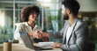 © peopleimages.com - Men, smile and handshake in office for business, company welcome and agreement with technology. Happy people, intern and shaking hands in agency for deal, thank you and new recruitment in meeting