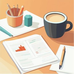 Poster - A cozy workspace featuring a black coffee mug, stationery, and a report with graphs, perfect for productivity.