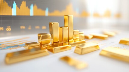 Poster - Golden Bars and Financial Graphs Representing Wealth Growth and Investment Opportunities in a Modern Stock Market Environment