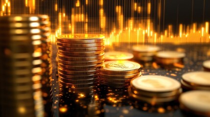 Poster - Piles of Gleaming Coins Amidst a Glowing Background with Financial Charts, Representing Wealth, Investment, and Cryptocurrency Trends in a Digital Economy