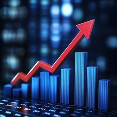 Poster - A dynamic upward trend displayed through a vibrant red arrow over blue bar graphs on a digital background.