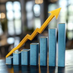 Poster - Blue metallic bar graph with an upward arrow, symbolizing growth and success in a bright, modern office setting.