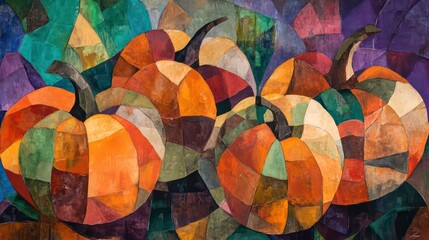 Aufkleber - Abstract cubist painting of three pumpkins in autumnal colors. (1)