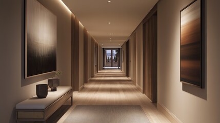 Poster - Modern and Elegant Hotel Corridor Featuring Soothing Color Palette, Contemporary Art, and Natural Lighting for a Tranquil Atmosphere