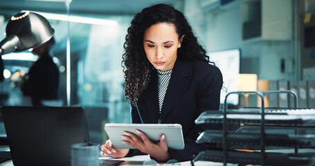 Poster - Night, research or woman accountant on tablet for finance management, business and budget review. Accounting, technology and profit report in office for audit deadline, tax compliance or reading info