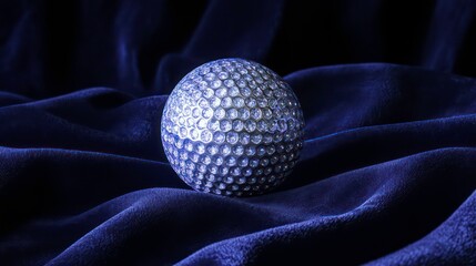 Poster - Close-up of a silver golf ball resting on luxurious dark blue velvet fabric.