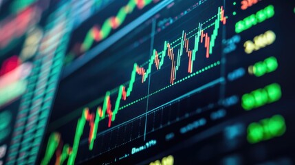 Poster - Stock Market Analysis with Colorful Financial Data Displayed on Digital Screen Featuring Candlestick Charts and Trend Lines for Investment Insights