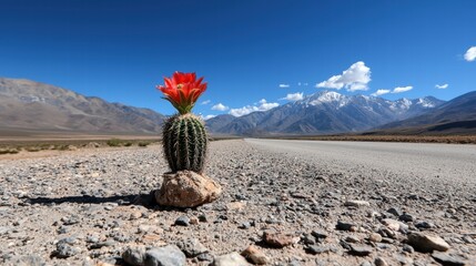 Poster - flowering cactus in a desert landscape with red blooms