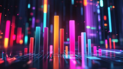 Poster - Vibrant Abstract Data Visualization with Colorful Bar Graphs and Neon Lights in a Dynamic Digital Environment Representing Data Trends and Insights