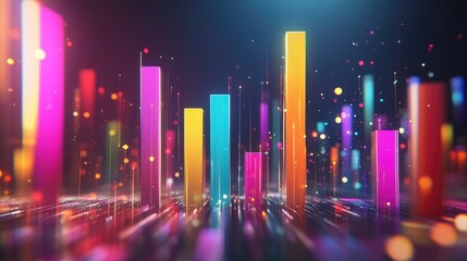 Poster - Vibrant Abstract Visualization of Colorful Data Bars with Bright Lights, Sparkles and Dynamic Motion on a Dark Background for Creative Design Projects
