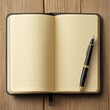 © Espresso - An open notebook with blank pages and a sleek black pen resting on a wooden table.