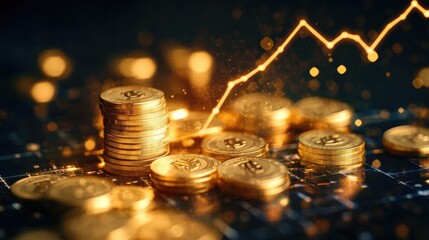 Poster - Golden Coins Stacked with Financial Graph Showing Growth in Background, Symbolizing Wealth Accumulation and Investment Opportunities in Modern Economy