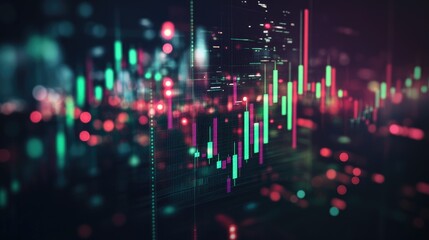  - Abstract Financial Data Visualization with Vibrant Candlestick Chart Illustrating Market Trends in Colorful Blurred Background for Economic Analysis and Investment Strategies